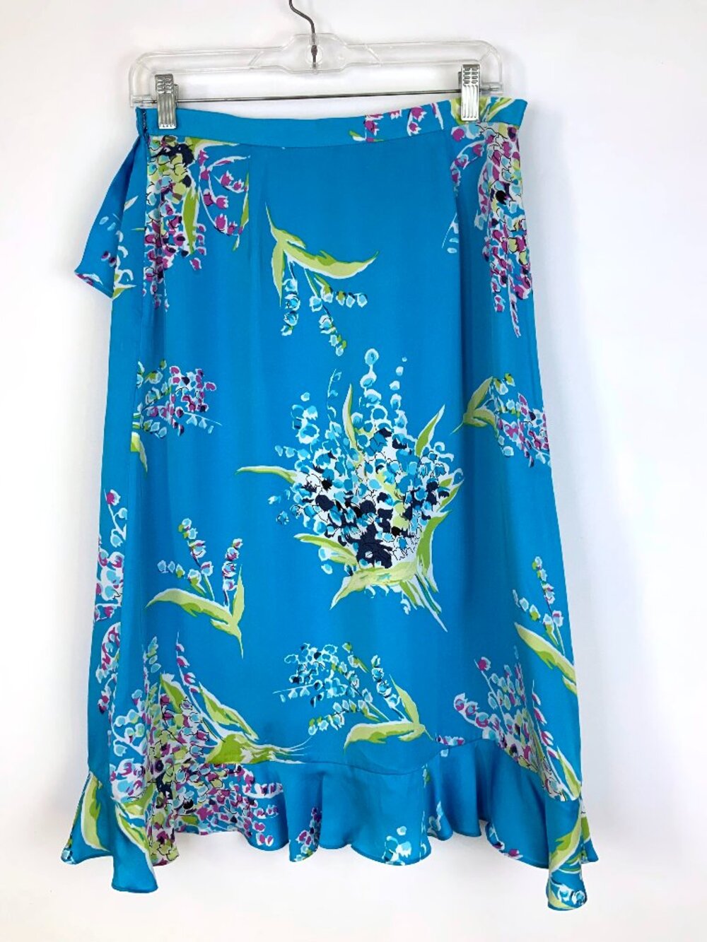 Valerie Stevens 100% Silk Blue Floral Midi Ruffle Faux Wrap Skirt Sz 8P - Picture 3 of 16
